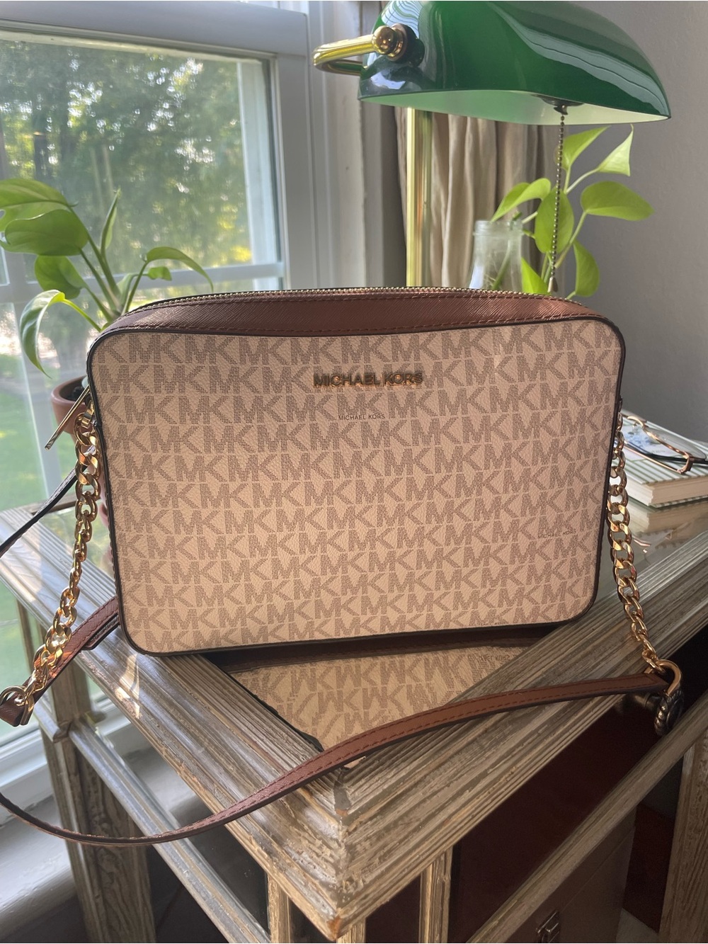 Michael Kors Beige and Brown Signature MK Crossbody Bag
